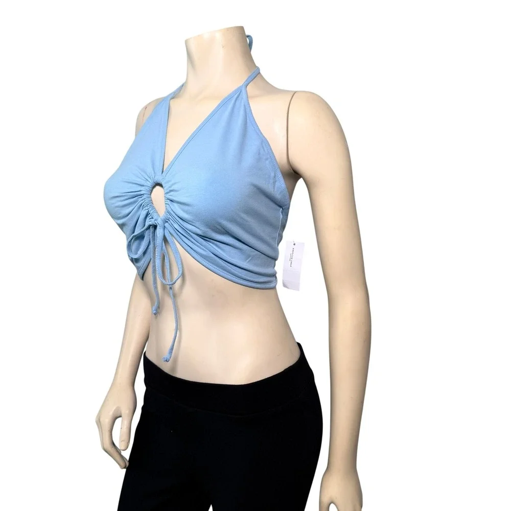 American Eagle Halter Crop Top Women L Blue NEW O-Ring Ruched Tie Front 5703-400